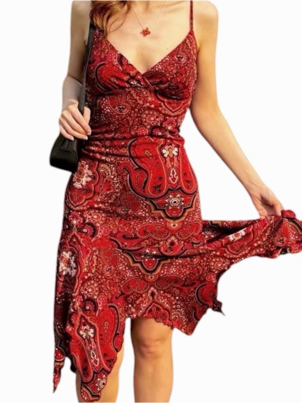 Le Chateau | Vintage Y2K | Red Paisley Asymmetrical Spaghetti-Strap Dress